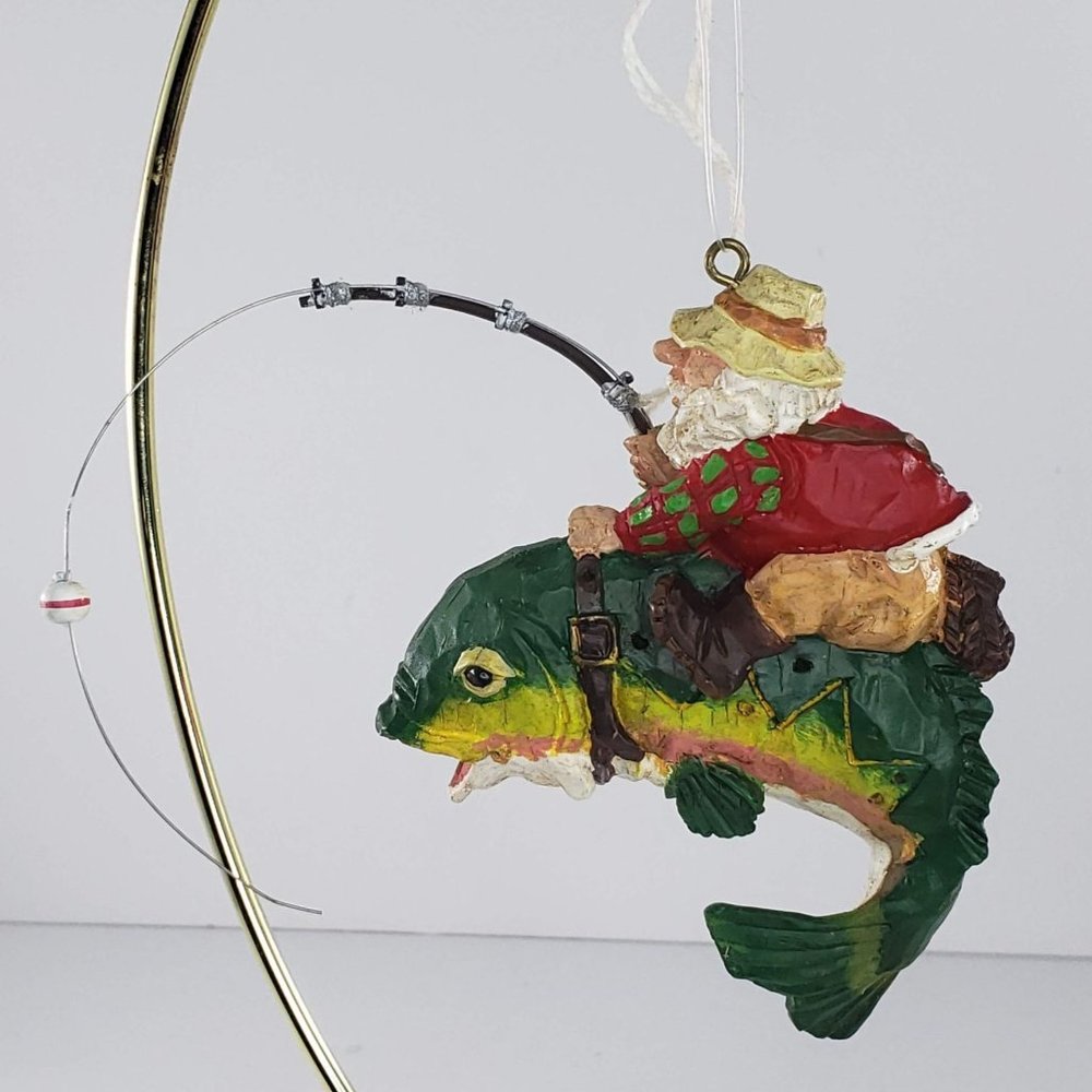 Santa Claus Riding Fish Fishing Bearded Fisherman Hanging Christmas Ornament